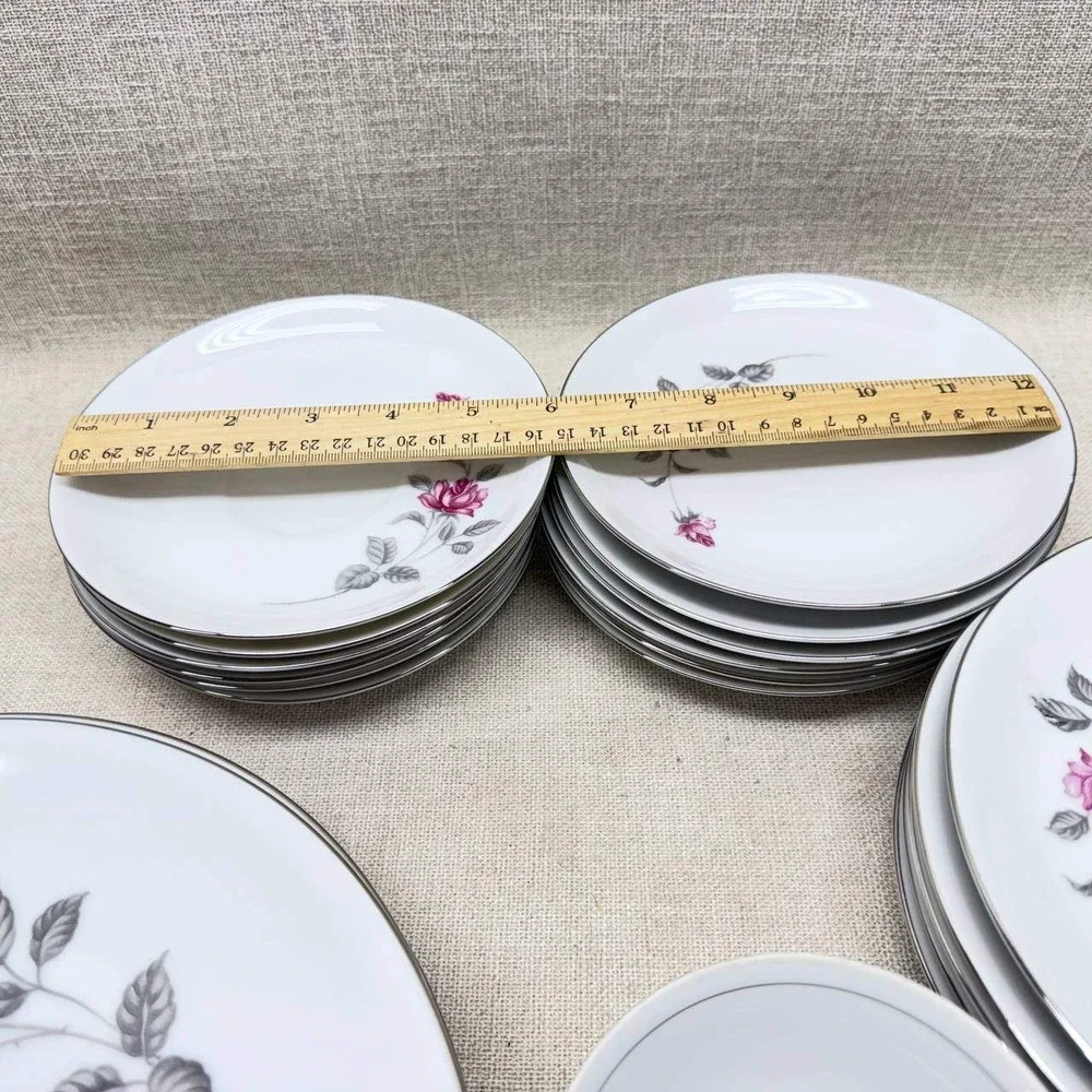 Lennold Fine China Enchanted Rose 1583 Japan Dinnerware Set Pink Floral Silver